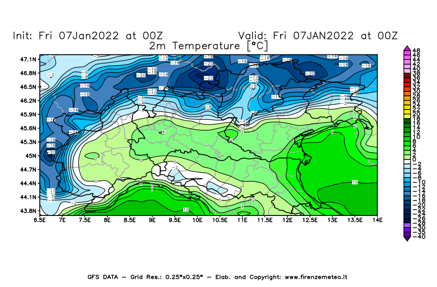 Mappa di analisi GFS - Temperatura a 2 metri dal suolo [°C] in Nord-Italia
							del 07/01/2022 00 <!--googleoff: index-->UTC<!--googleon: index-->