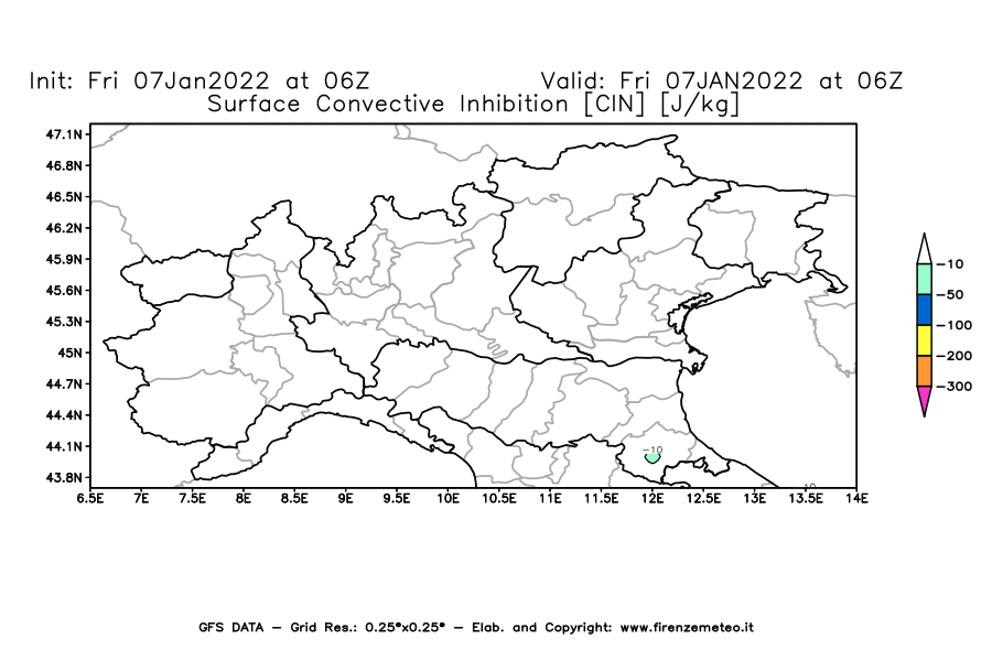 Mappa di analisi GFS - CIN [J/kg] in Nord-Italia
							del 07/01/2022 06 <!--googleoff: index-->UTC<!--googleon: index-->