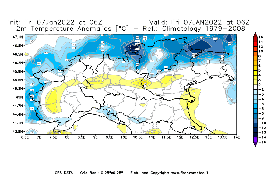 Mappa di analisi GFS - Anomalia Temperatura [°C] a 2 m in Nord-Italia
							del 07/01/2022 06 <!--googleoff: index-->UTC<!--googleon: index-->