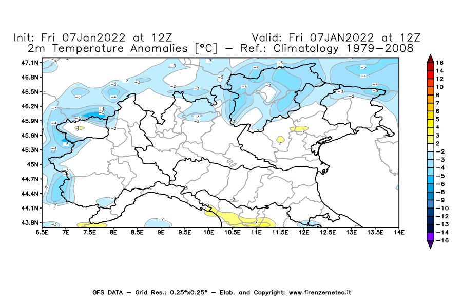 Mappa di analisi GFS - Anomalia Temperatura [°C] a 2 m in Nord-Italia
							del 07/01/2022 12 <!--googleoff: index-->UTC<!--googleon: index-->