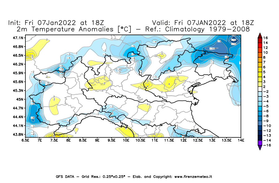 Mappa di analisi GFS - Anomalia Temperatura [°C] a 2 m in Nord-Italia
							del 07/01/2022 18 <!--googleoff: index-->UTC<!--googleon: index-->