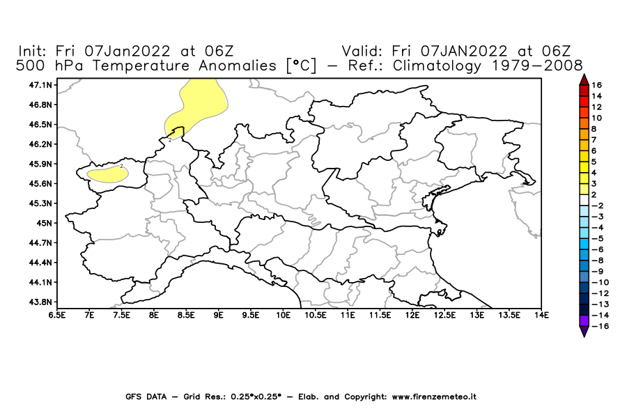 Mappa di analisi GFS - Anomalia Temperatura [°C] a 500 hPa in Nord-Italia
							del 07/01/2022 06 <!--googleoff: index-->UTC<!--googleon: index-->