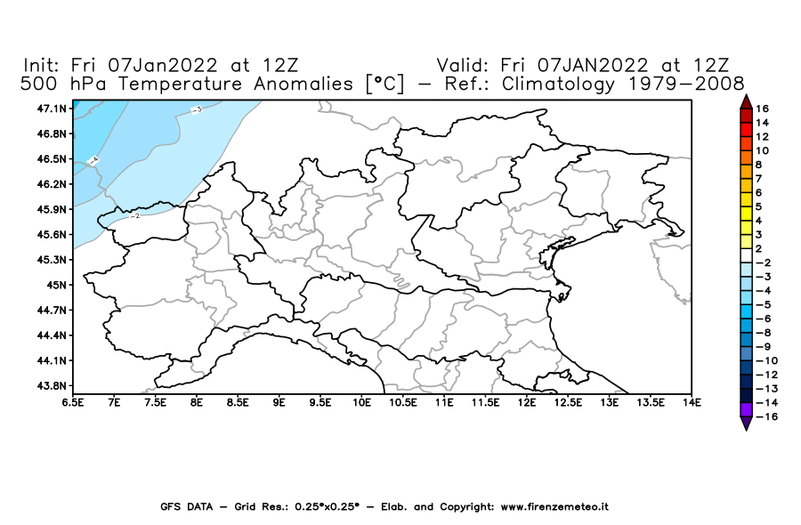 Mappa di analisi GFS - Anomalia Temperatura [°C] a 500 hPa in Nord-Italia
							del 07/01/2022 12 <!--googleoff: index-->UTC<!--googleon: index-->