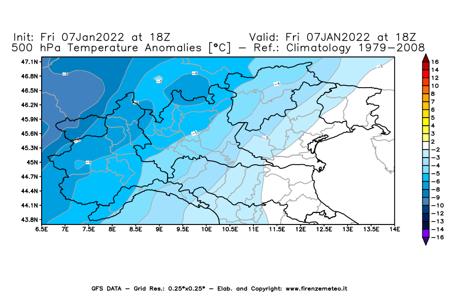 Mappa di analisi GFS - Anomalia Temperatura [°C] a 500 hPa in Nord-Italia
							del 07/01/2022 18 <!--googleoff: index-->UTC<!--googleon: index-->