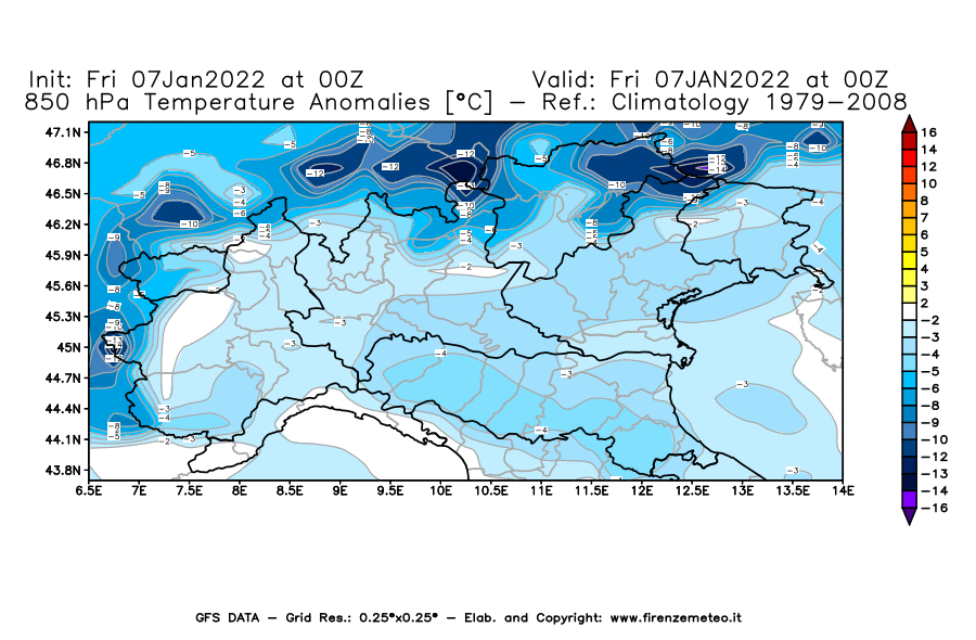 Mappa di analisi GFS - Anomalia Temperatura [°C] a 850 hPa in Nord-Italia
							del 07/01/2022 00 <!--googleoff: index-->UTC<!--googleon: index-->