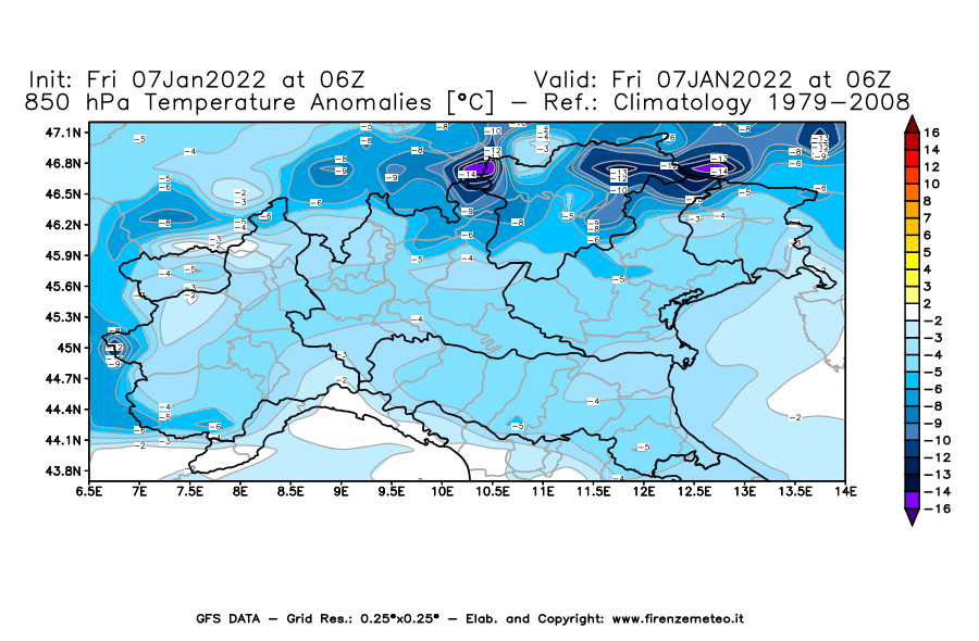 Mappa di analisi GFS - Anomalia Temperatura [°C] a 850 hPa in Nord-Italia
							del 07/01/2022 06 <!--googleoff: index-->UTC<!--googleon: index-->