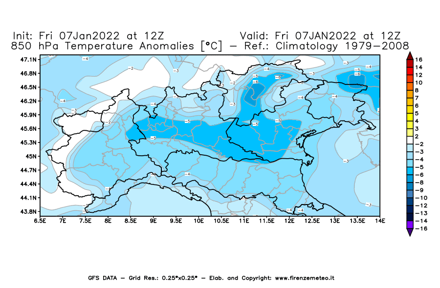 Mappa di analisi GFS - Anomalia Temperatura [°C] a 850 hPa in Nord-Italia
							del 07/01/2022 12 <!--googleoff: index-->UTC<!--googleon: index-->