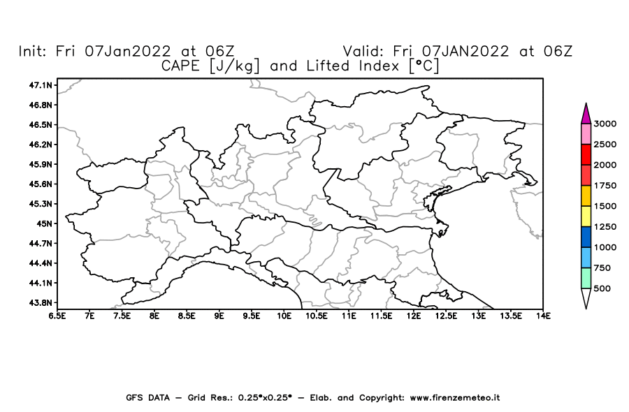 Mappa di analisi GFS - CAPE [J/kg] e Lifted Index [°C] in Nord-Italia
							del 07/01/2022 06 <!--googleoff: index-->UTC<!--googleon: index-->