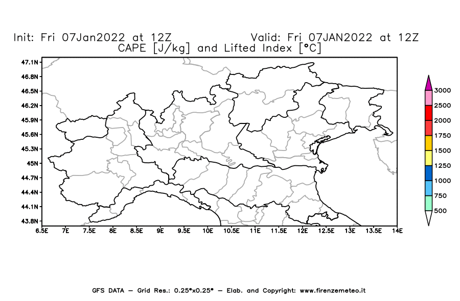 Mappa di analisi GFS - CAPE [J/kg] e Lifted Index [°C] in Nord-Italia
							del 07/01/2022 12 <!--googleoff: index-->UTC<!--googleon: index-->