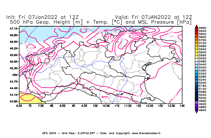 Mappa di analisi GFS - Geopotenziale [m] + Temp. [°C] a 500 hPa + Press. a livello del mare [hPa] in Nord-Italia
							del 07/01/2022 12 <!--googleoff: index-->UTC<!--googleon: index-->