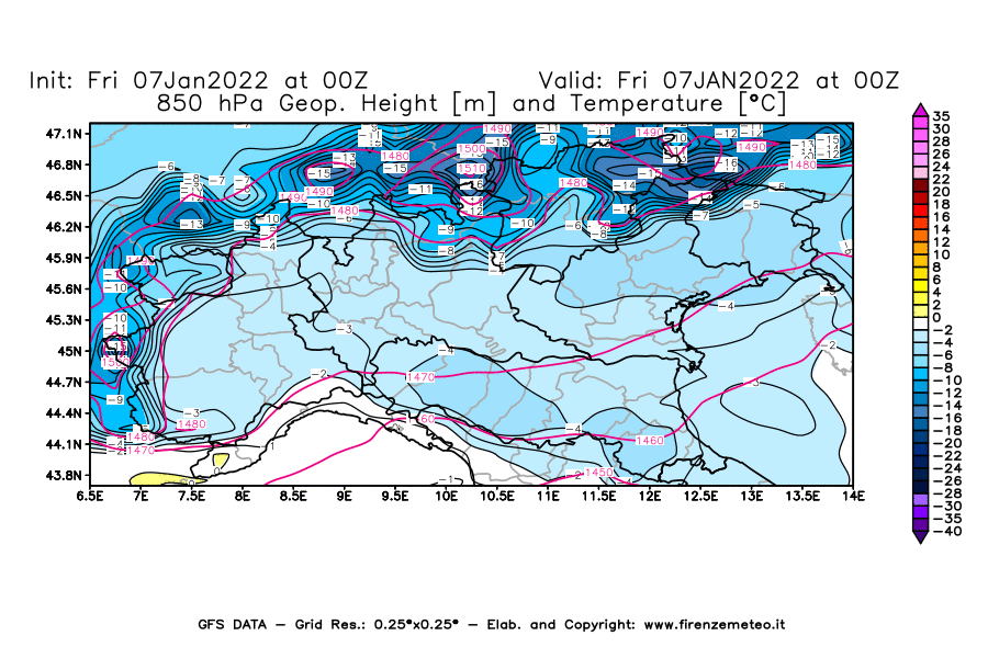 Mappa di analisi GFS - Geopotenziale [m] e Temperatura [°C] a 850 hPa in Nord-Italia
							del 07/01/2022 00 <!--googleoff: index-->UTC<!--googleon: index-->