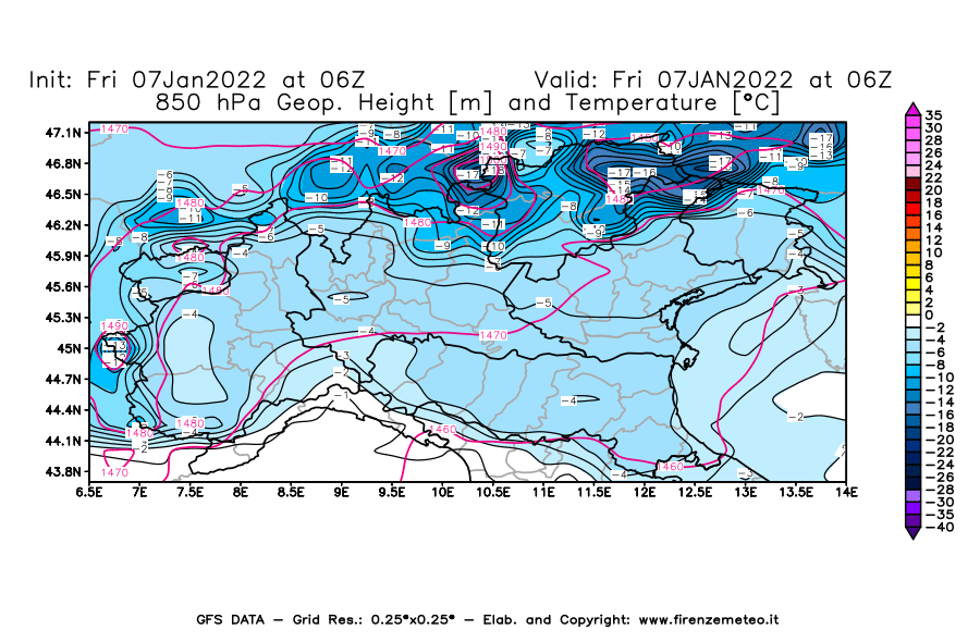 Mappa di analisi GFS - Geopotenziale [m] e Temperatura [°C] a 850 hPa in Nord-Italia
							del 07/01/2022 06 <!--googleoff: index-->UTC<!--googleon: index-->