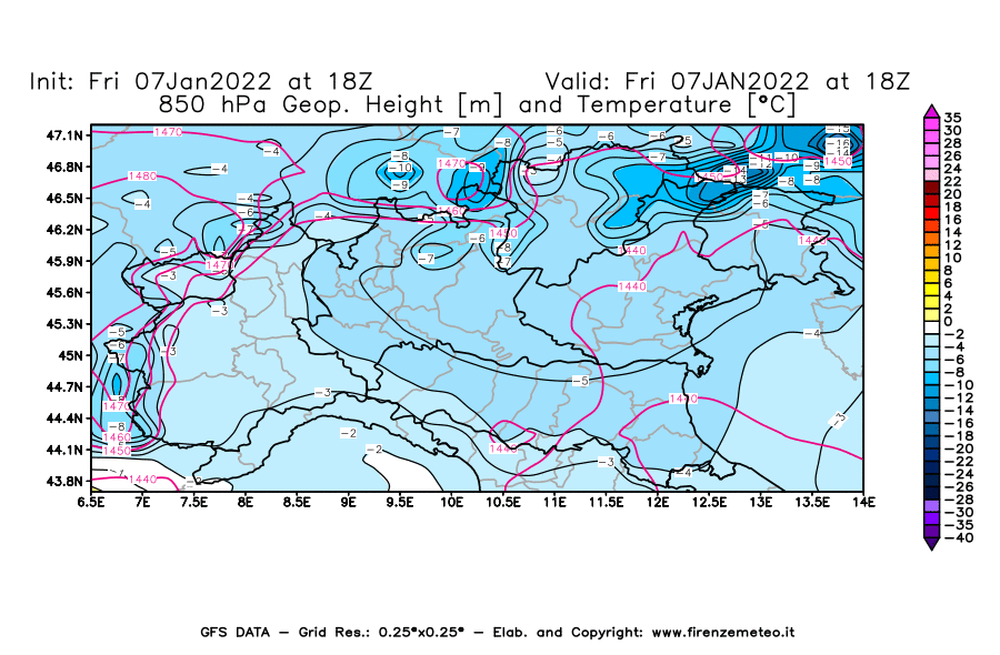 Mappa di analisi GFS - Geopotenziale [m] e Temperatura [°C] a 850 hPa in Nord-Italia
							del 07/01/2022 18 <!--googleoff: index-->UTC<!--googleon: index-->