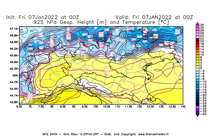 Mappa di analisi GFS - Geopotenziale [m] e Temperatura [°C] a 925 hPa in Nord-Italia
							del 07/01/2022 00 <!--googleoff: index-->UTC<!--googleon: index-->