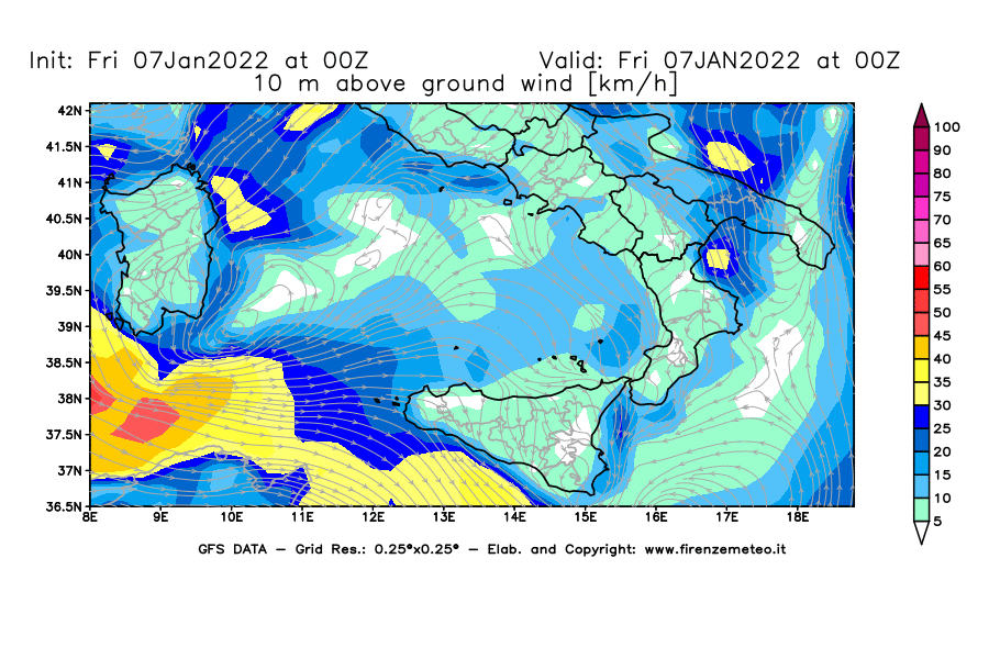 Mappa di analisi GFS - Velocità del vento a 10 metri dal suolo [km/h] in Sud-Italia
							del 07/01/2022 00 <!--googleoff: index-->UTC<!--googleon: index-->