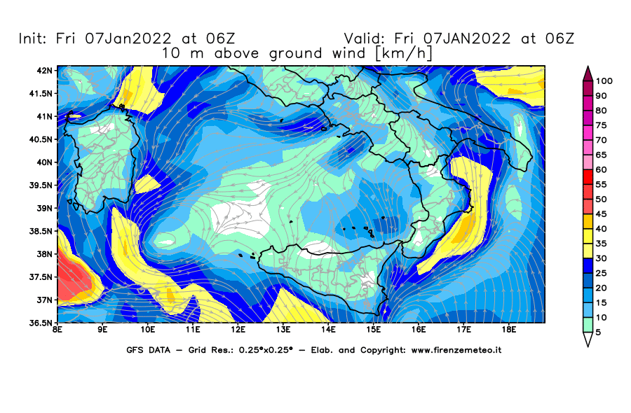 Mappa di analisi GFS - Velocità del vento a 10 metri dal suolo [km/h] in Sud-Italia
							del 07/01/2022 06 <!--googleoff: index-->UTC<!--googleon: index-->