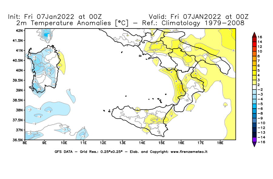 Mappa di analisi GFS - Anomalia Temperatura [°C] a 2 m in Sud-Italia
							del 07/01/2022 00 <!--googleoff: index-->UTC<!--googleon: index-->