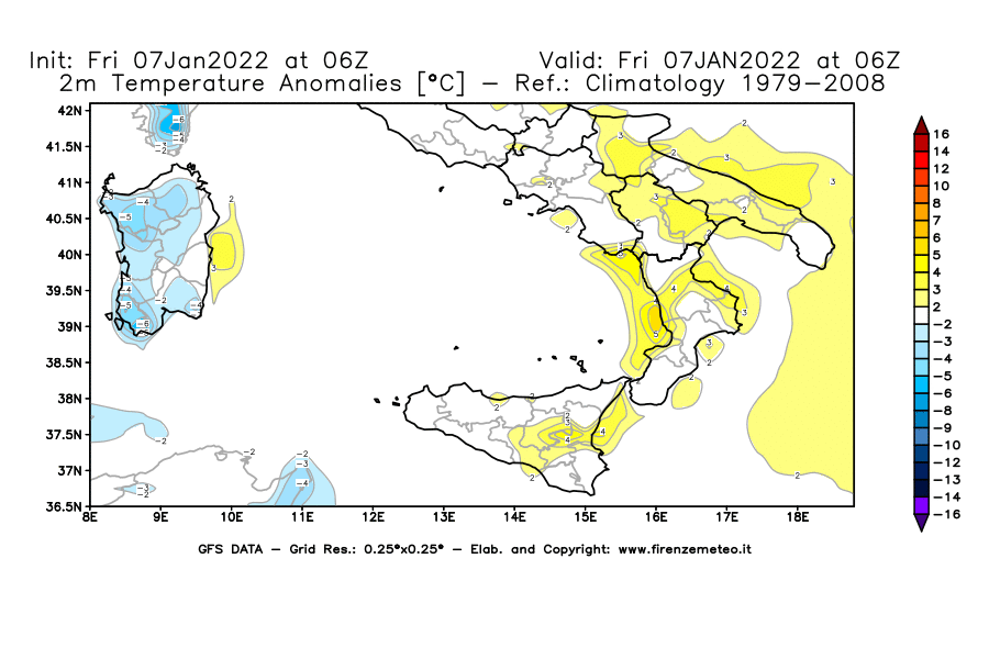Mappa di analisi GFS - Anomalia Temperatura [°C] a 2 m in Sud-Italia
							del 07/01/2022 06 <!--googleoff: index-->UTC<!--googleon: index-->