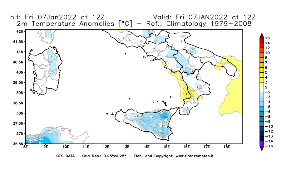 Mappa di analisi GFS - Anomalia Temperatura [°C] a 2 m in Sud-Italia
							del 07/01/2022 12 <!--googleoff: index-->UTC<!--googleon: index-->
