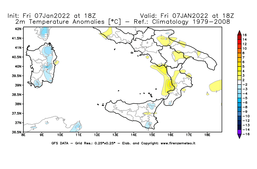 Mappa di analisi GFS - Anomalia Temperatura [°C] a 2 m in Sud-Italia
							del 07/01/2022 18 <!--googleoff: index-->UTC<!--googleon: index-->