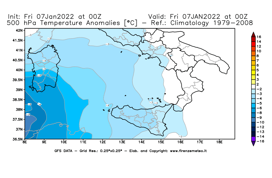 Mappa di analisi GFS - Anomalia Temperatura [°C] a 500 hPa in Sud-Italia
							del 07/01/2022 00 <!--googleoff: index-->UTC<!--googleon: index-->