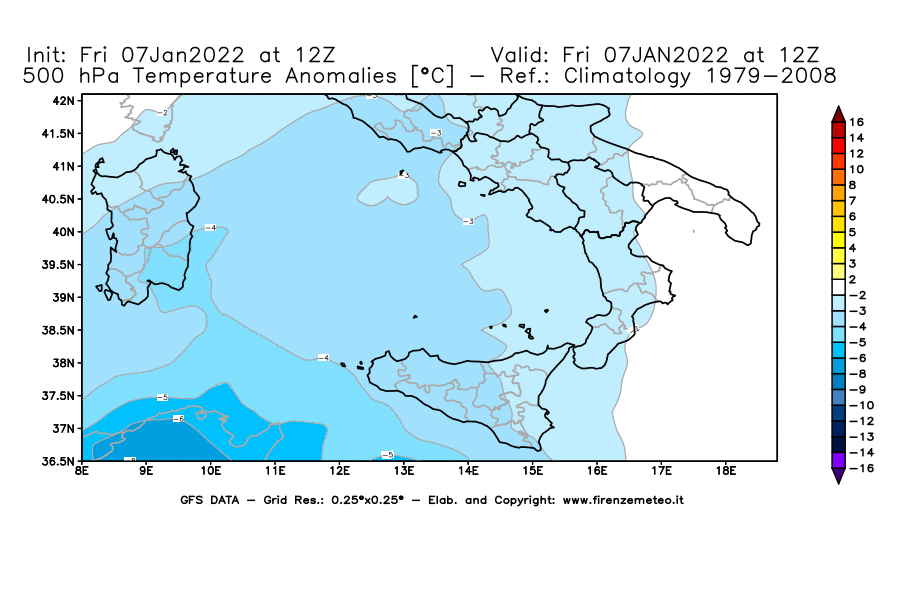 Mappa di analisi GFS - Anomalia Temperatura [°C] a 500 hPa in Sud-Italia
							del 07/01/2022 12 <!--googleoff: index-->UTC<!--googleon: index-->