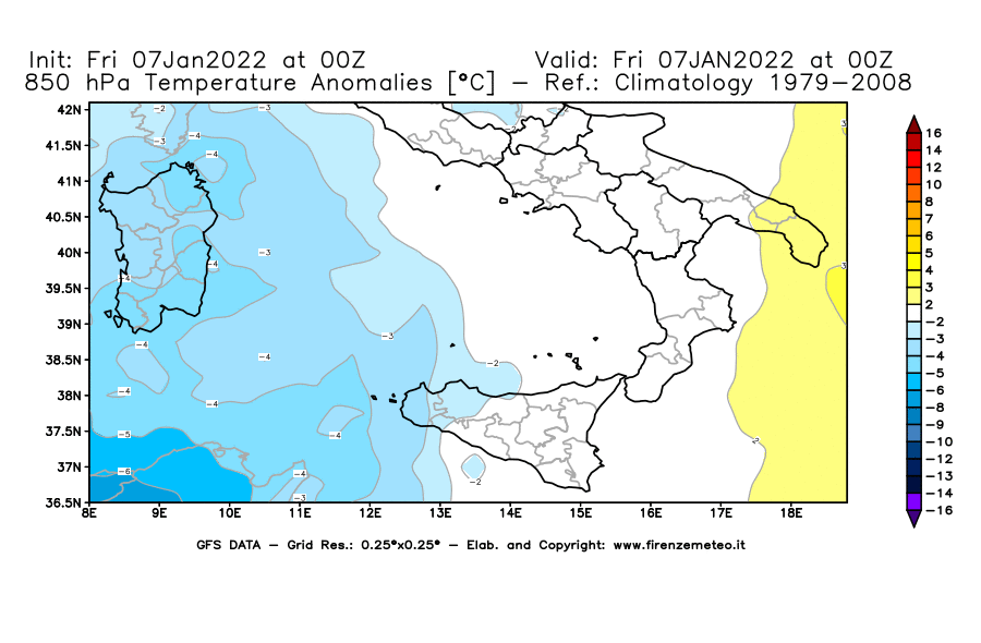 Mappa di analisi GFS - Anomalia Temperatura [°C] a 850 hPa in Sud-Italia
							del 07/01/2022 00 <!--googleoff: index-->UTC<!--googleon: index-->