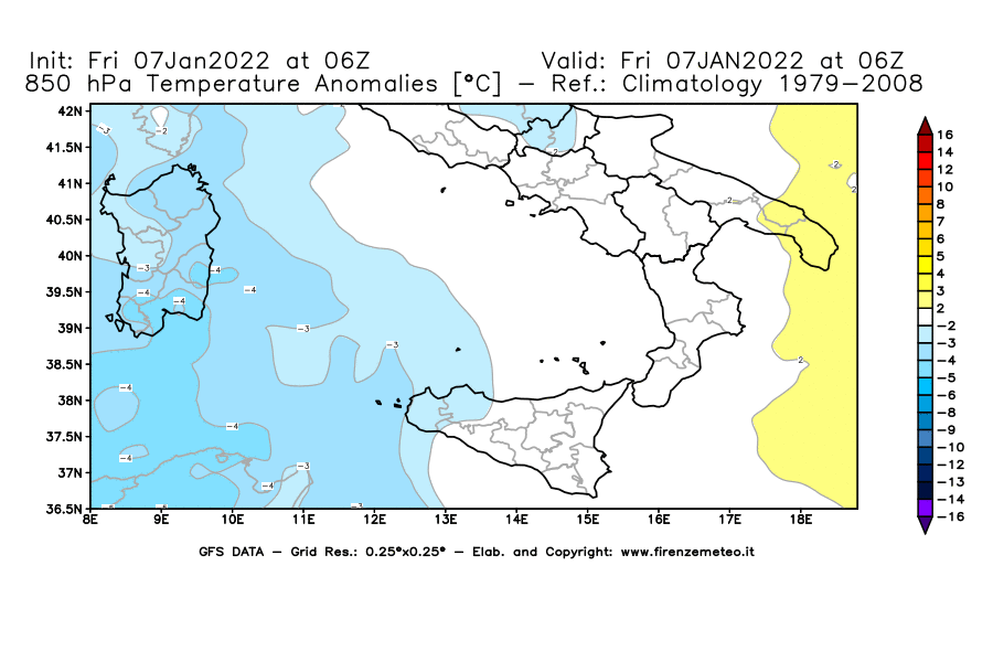 Mappa di analisi GFS - Anomalia Temperatura [°C] a 850 hPa in Sud-Italia
							del 07/01/2022 06 <!--googleoff: index-->UTC<!--googleon: index-->