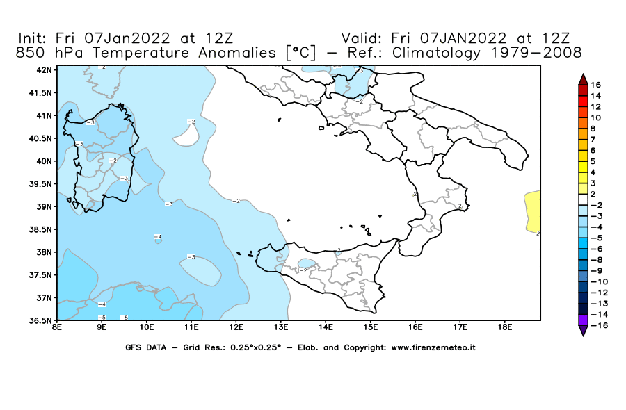 Mappa di analisi GFS - Anomalia Temperatura [°C] a 850 hPa in Sud-Italia
							del 07/01/2022 12 <!--googleoff: index-->UTC<!--googleon: index-->
