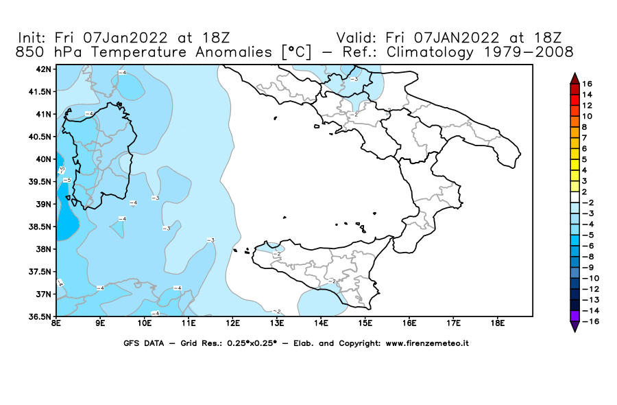 Mappa di analisi GFS - Anomalia Temperatura [°C] a 850 hPa in Sud-Italia
							del 07/01/2022 18 <!--googleoff: index-->UTC<!--googleon: index-->