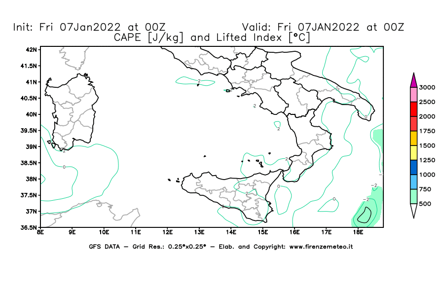 Mappa di analisi GFS - CAPE [J/kg] e Lifted Index [°C] in Sud-Italia
							del 07/01/2022 00 <!--googleoff: index-->UTC<!--googleon: index-->