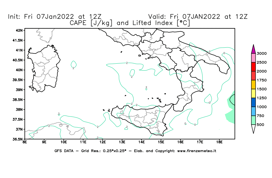 Mappa di analisi GFS - CAPE [J/kg] e Lifted Index [°C] in Sud-Italia
							del 07/01/2022 12 <!--googleoff: index-->UTC<!--googleon: index-->