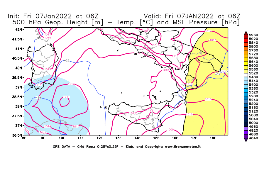 Mappa di analisi GFS - Geopotenziale [m] + Temp. [°C] a 500 hPa + Press. a livello del mare [hPa] in Sud-Italia
							del 07/01/2022 06 <!--googleoff: index-->UTC<!--googleon: index-->