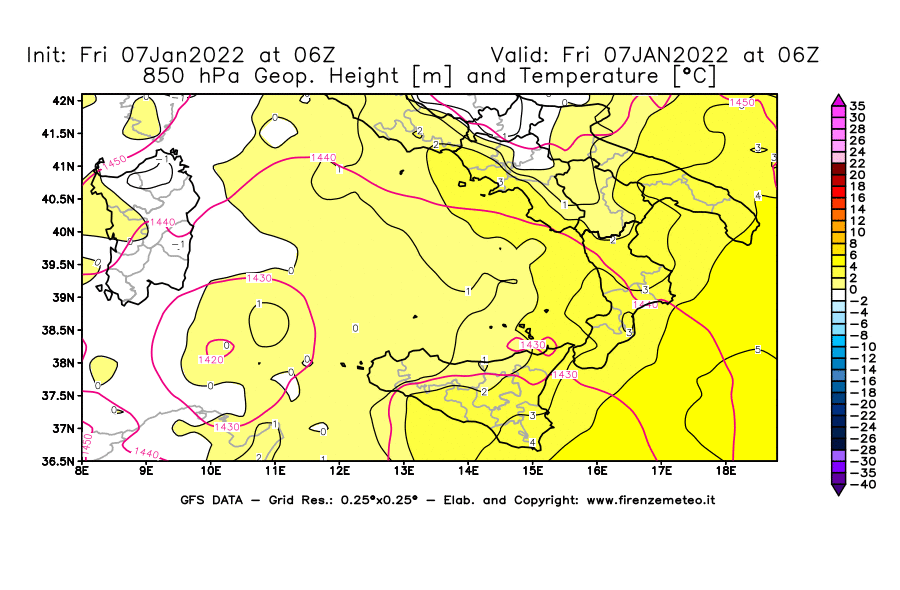 Mappa di analisi GFS - Geopotenziale [m] e Temperatura [°C] a 850 hPa in Sud-Italia
							del 07/01/2022 06 <!--googleoff: index-->UTC<!--googleon: index-->