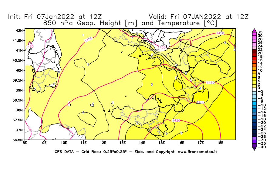 Mappa di analisi GFS - Geopotenziale [m] e Temperatura [°C] a 850 hPa in Sud-Italia
							del 07/01/2022 12 <!--googleoff: index-->UTC<!--googleon: index-->