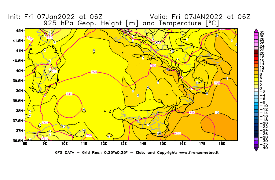 Mappa di analisi GFS - Geopotenziale [m] e Temperatura [°C] a 925 hPa in Sud-Italia
							del 07/01/2022 06 <!--googleoff: index-->UTC<!--googleon: index-->