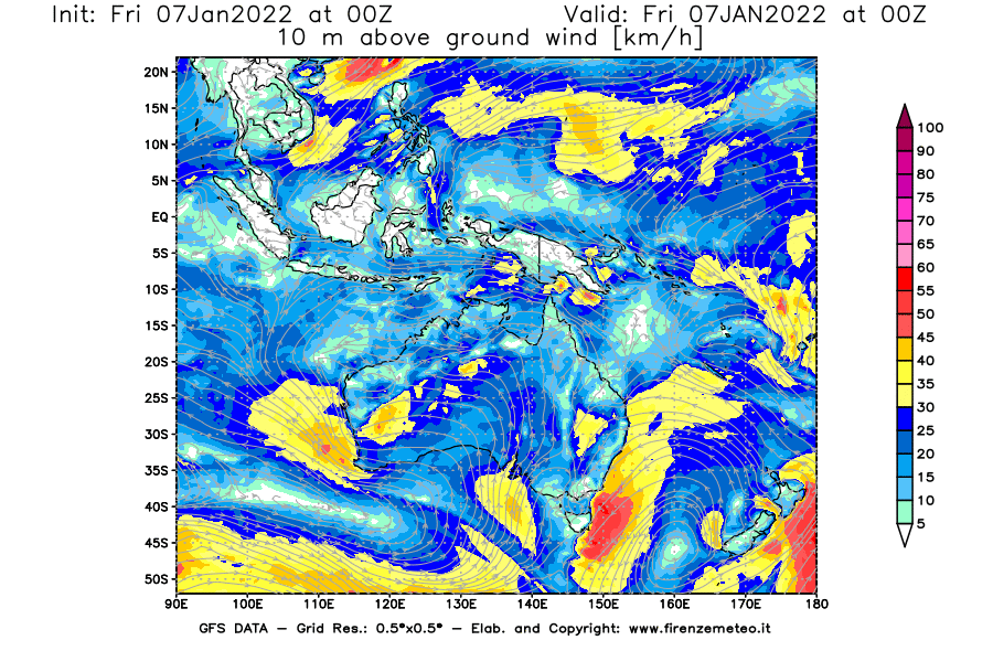 Mappa di analisi GFS - Velocità del vento a 10 metri dal suolo [km/h] in Oceania
							del 07/01/2022 00 <!--googleoff: index-->UTC<!--googleon: index-->