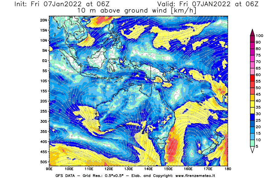 Mappa di analisi GFS - Velocità del vento a 10 metri dal suolo [km/h] in Oceania
							del 07/01/2022 06 <!--googleoff: index-->UTC<!--googleon: index-->