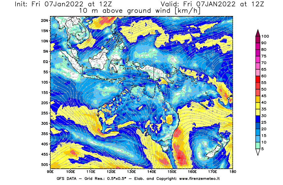 Mappa di analisi GFS - Velocità del vento a 10 metri dal suolo [km/h] in Oceania
							del 07/01/2022 12 <!--googleoff: index-->UTC<!--googleon: index-->