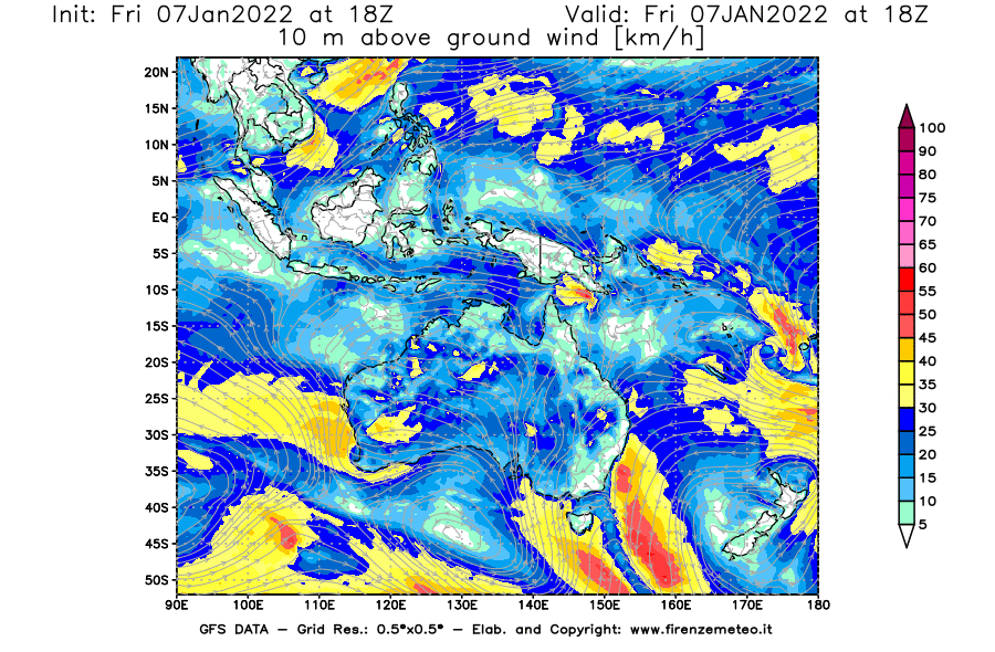 Mappa di analisi GFS - Velocità del vento a 10 metri dal suolo [km/h] in Oceania
							del 07/01/2022 18 <!--googleoff: index-->UTC<!--googleon: index-->