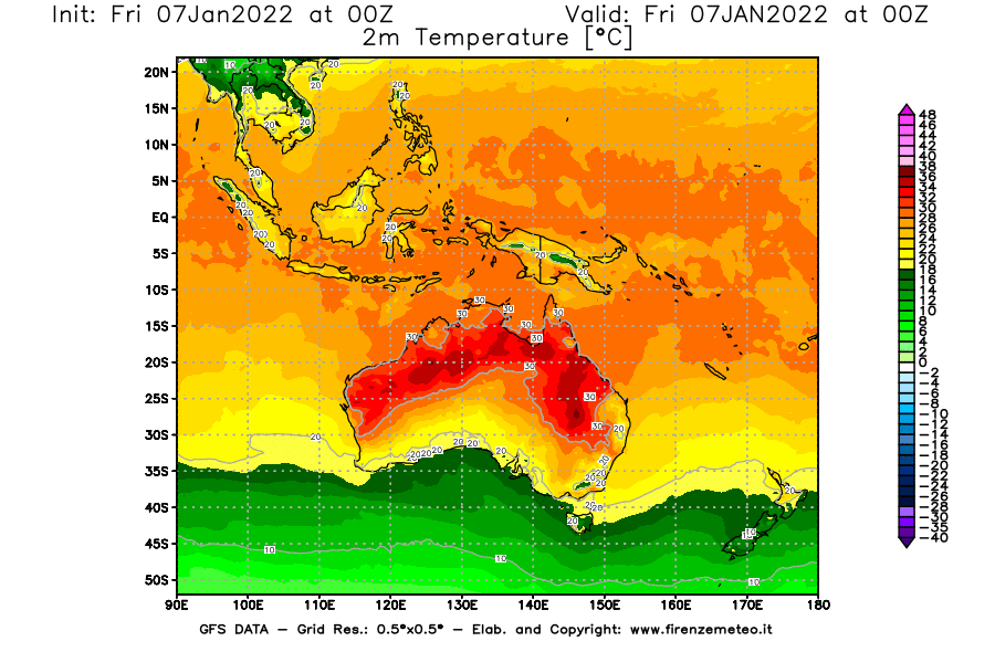 Mappa di analisi GFS - Temperatura a 2 metri dal suolo [°C] in Oceania
							del 07/01/2022 00 <!--googleoff: index-->UTC<!--googleon: index-->