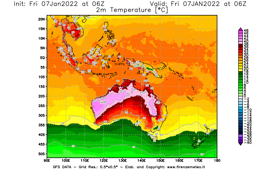 Mappa di analisi GFS - Temperatura a 2 metri dal suolo [°C] in Oceania
							del 07/01/2022 06 <!--googleoff: index-->UTC<!--googleon: index-->