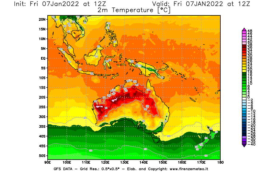 Mappa di analisi GFS - Temperatura a 2 metri dal suolo [°C] in Oceania
							del 07/01/2022 12 <!--googleoff: index-->UTC<!--googleon: index-->