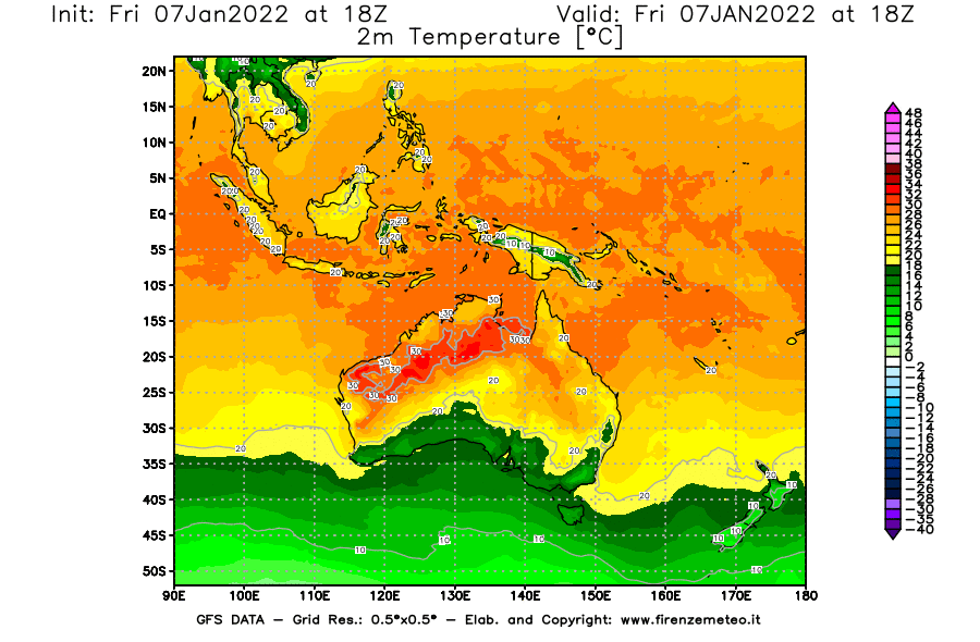 Mappa di analisi GFS - Temperatura a 2 metri dal suolo [°C] in Oceania
							del 07/01/2022 18 <!--googleoff: index-->UTC<!--googleon: index-->