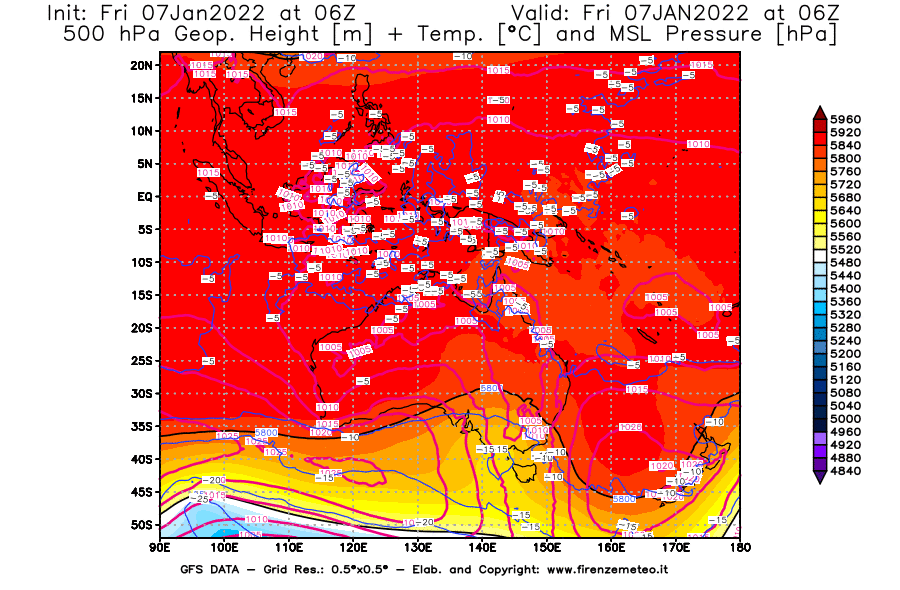 Mappa di analisi GFS - Geopotenziale [m] + Temp. [°C] a 500 hPa + Press. a livello del mare [hPa] in Oceania
							del 07/01/2022 06 <!--googleoff: index-->UTC<!--googleon: index-->