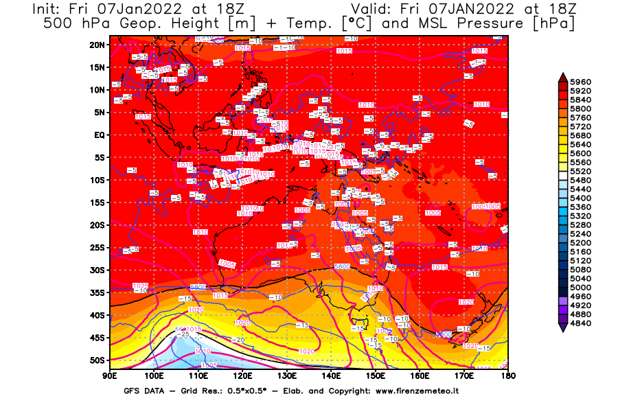 Mappa di analisi GFS - Geopotenziale [m] + Temp. [°C] a 500 hPa + Press. a livello del mare [hPa] in Oceania
							del 07/01/2022 18 <!--googleoff: index-->UTC<!--googleon: index-->