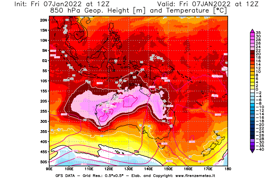 Mappa di analisi GFS - Geopotenziale [m] e Temperatura [°C] a 850 hPa in Oceania
							del 07/01/2022 12 <!--googleoff: index-->UTC<!--googleon: index-->