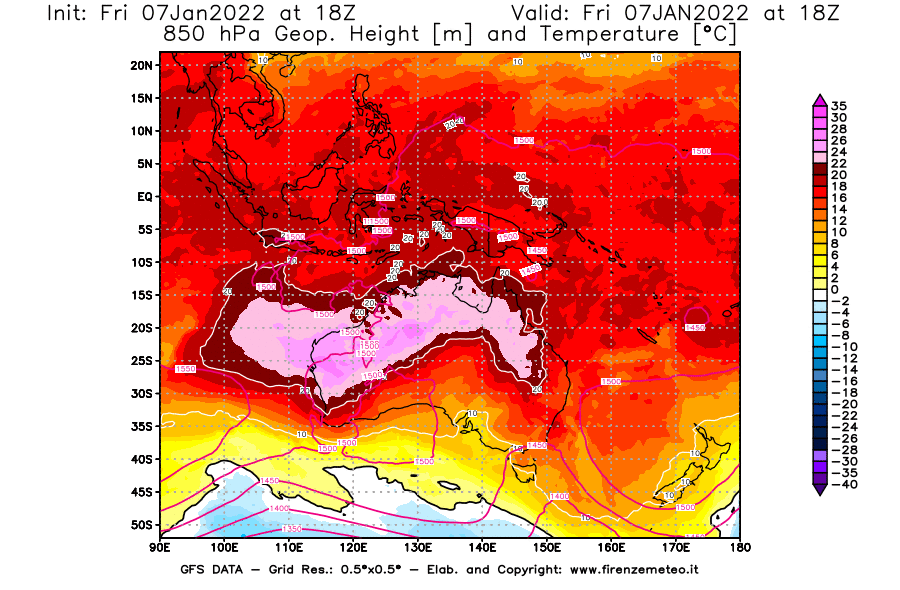 Mappa di analisi GFS - Geopotenziale [m] e Temperatura [°C] a 850 hPa in Oceania
							del 07/01/2022 18 <!--googleoff: index-->UTC<!--googleon: index-->