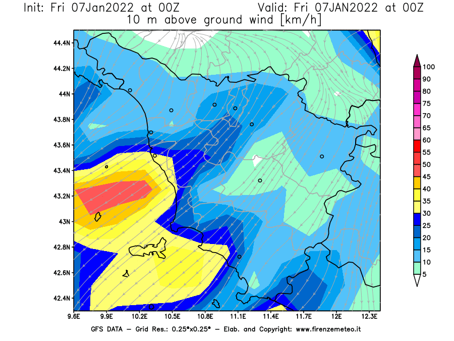 Mappa di analisi GFS - Velocità del vento a 10 metri dal suolo [km/h] in Toscana
							del 07/01/2022 00 <!--googleoff: index-->UTC<!--googleon: index-->