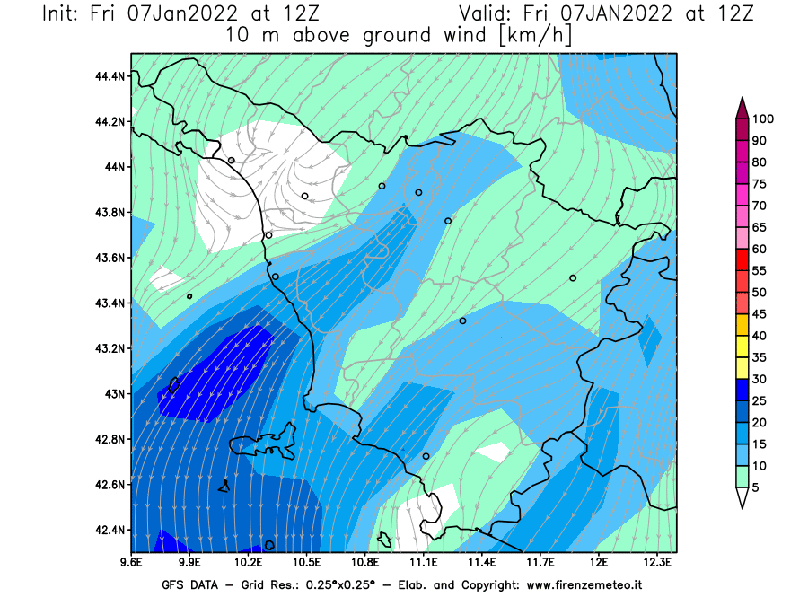 Mappa di analisi GFS - Velocità del vento a 10 metri dal suolo [km/h] in Toscana
							del 07/01/2022 12 <!--googleoff: index-->UTC<!--googleon: index-->